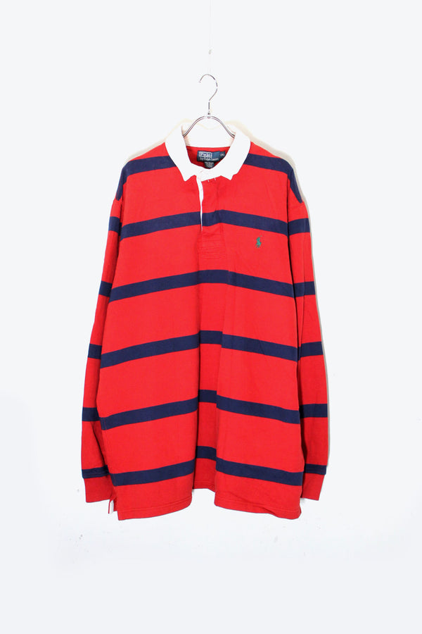 90'S BORDER RUGBY SHIRT / RED / NAVY [SIZE: XXL USED]