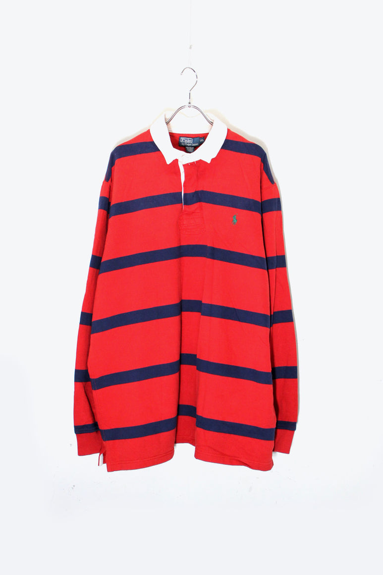 90'S BORDER RUGBY SHIRT / RED / NAVY [SIZE: XXL USED]