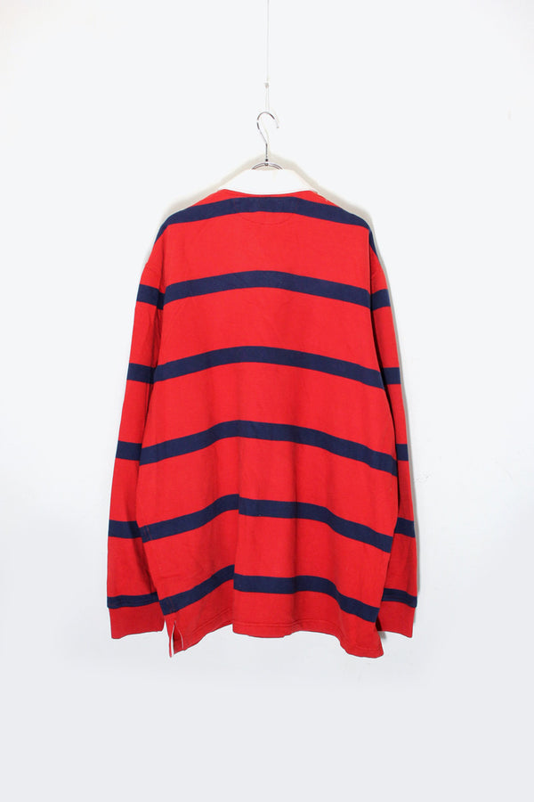 90'S BORDER RUGBY SHIRT / RED / NAVY [SIZE: XXL USED]