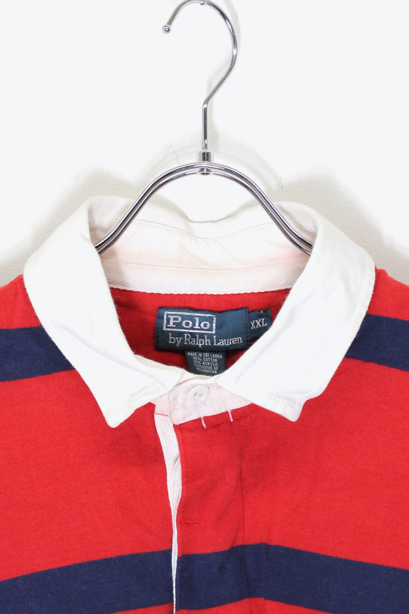 90'S BORDER RUGBY SHIRT / RED / NAVY [SIZE: XXL USED]