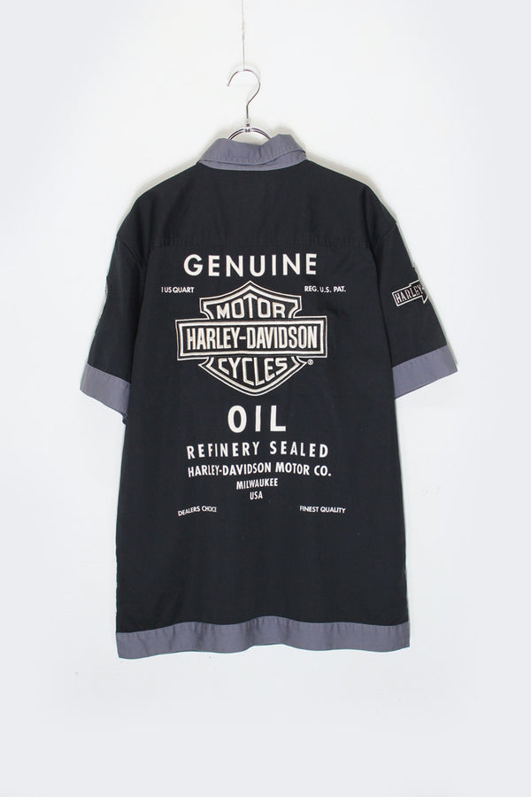 90'S S/S LOGO EMBROIDERY SHIRT / BLACK/GREY [SIZE: S USED]