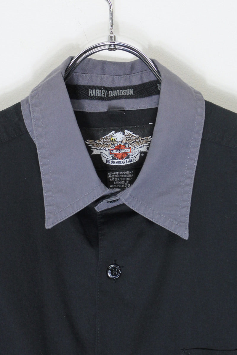90'S S/S LOGO EMBROIDERY SHIRT / BLACK/GREY [SIZE: S USED]