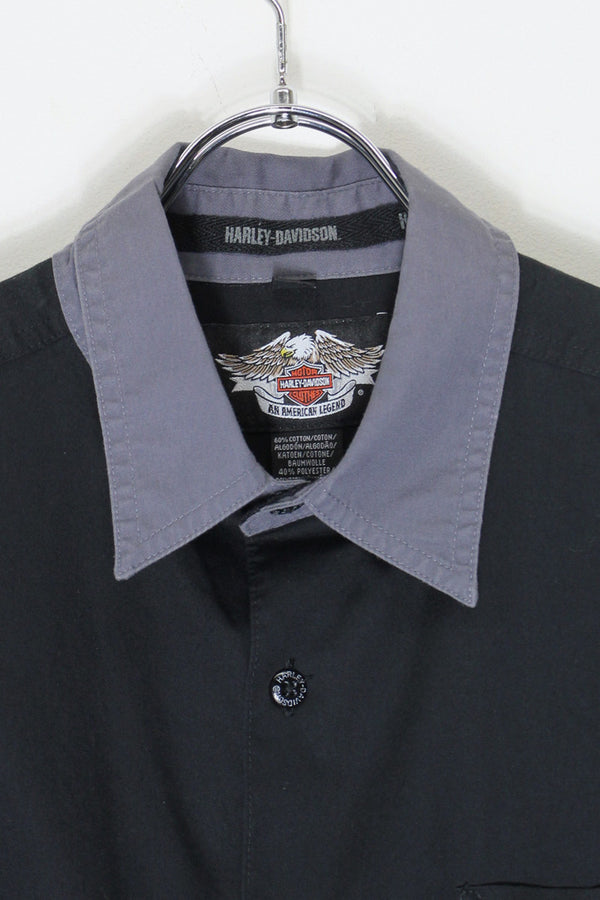 90'S S/S LOGO EMBROIDERY SHIRT / BLACK/GREY [SIZE: S USED]