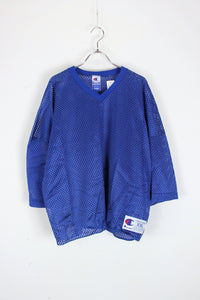 MADE IN USA 90'S V-NECK MESH GAME T-SHIRT / BLUE [SIZE: XXL USED]