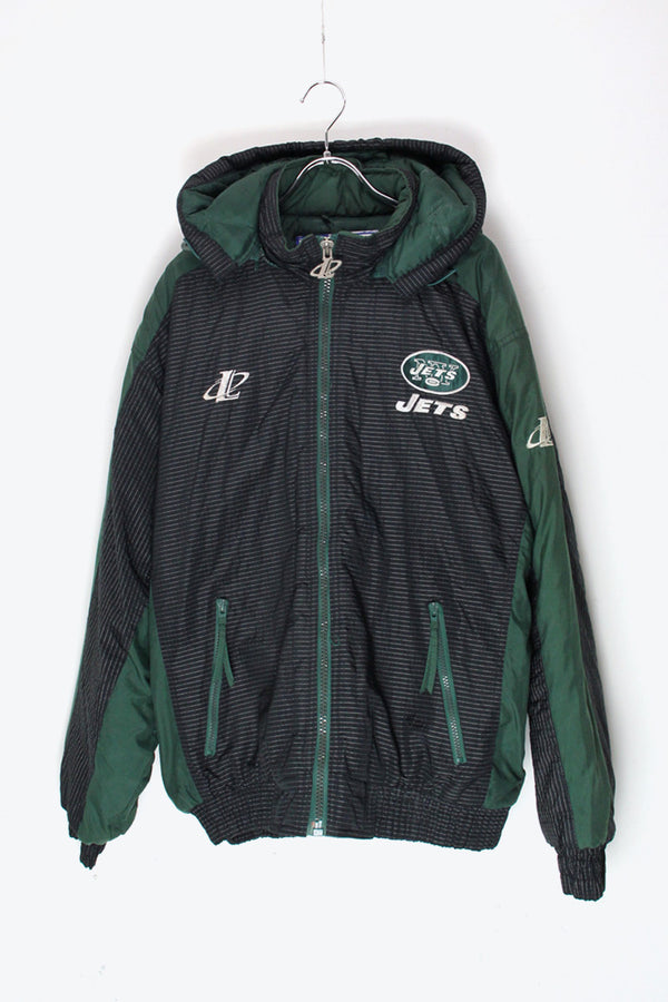 90'S NY JETS NYLON HOODIE PUFF JACKET / BLACK/GREEN [SIZE: M USED]