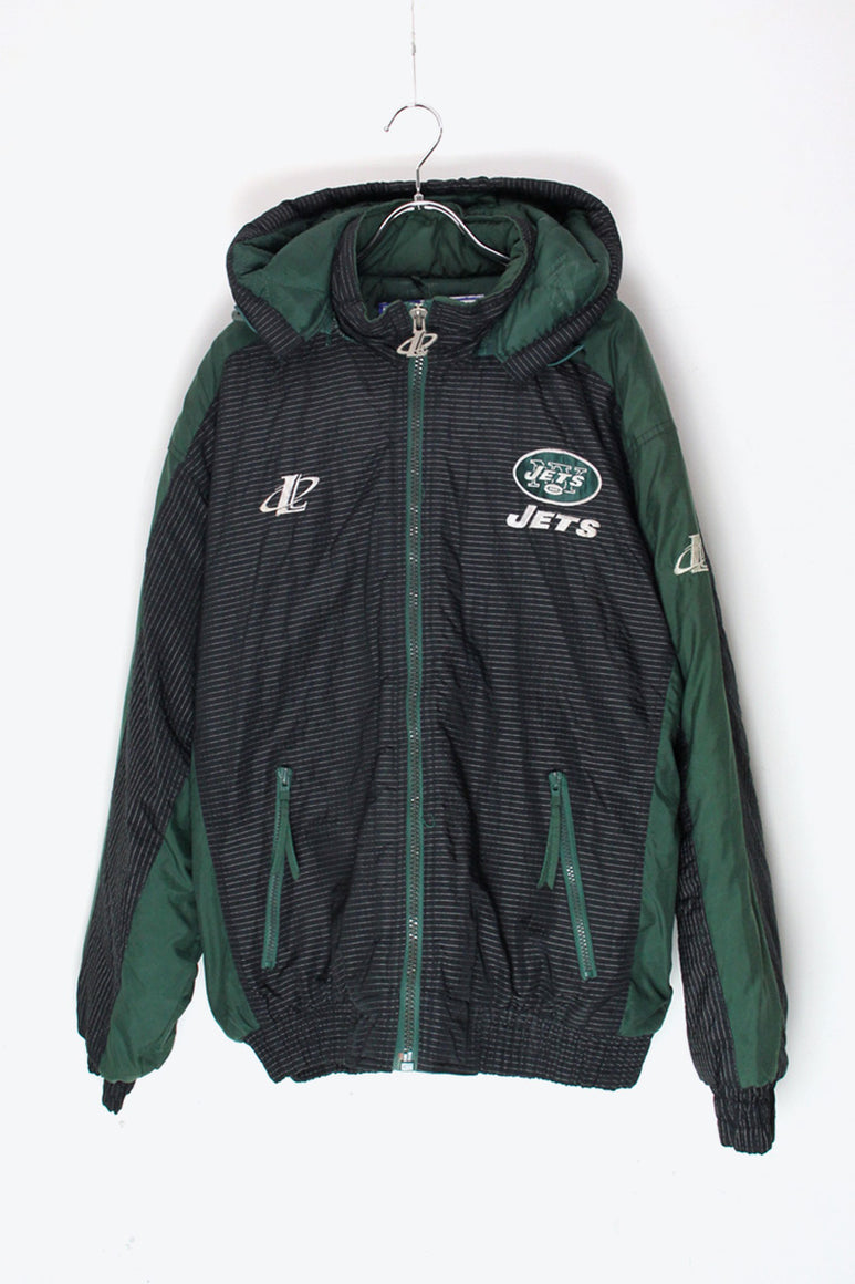 90'S NY JETS NYLON HOODIE PUFF JACKET / BLACK/GREEN [SIZE: M USED]