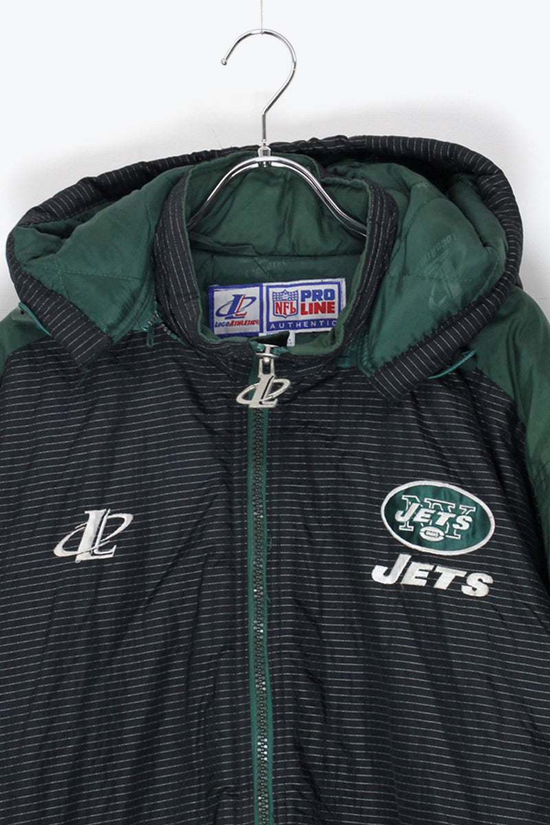 90'S NY JETS NYLON HOODIE PUFF JACKET / BLACK/GREEN [SIZE: M USED]