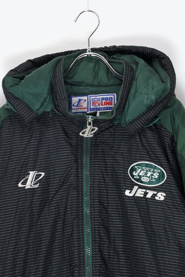 90'S NY JETS NYLON HOODIE PUFF JACKET / BLACK/GREEN [SIZE: M USED]