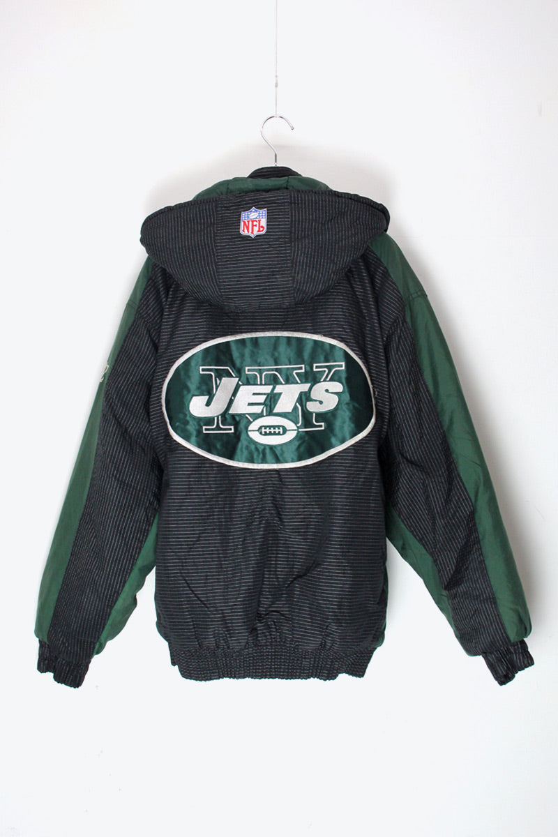 90'S NY JETS NYLON HOODIE PUFF JACKET / BLACK/GREEN [SIZE: M USED]
