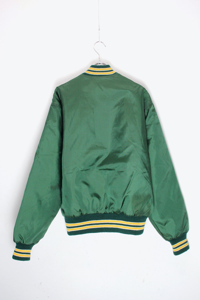 MADE IN USA 80'S NYLON STADIUM JACKET / GREEN/YELLOW [SIZE: M USED]