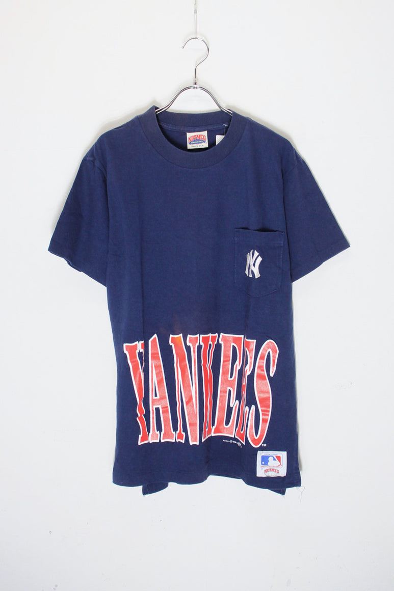 MADE IN USA 91'S S/S NY YANKEES PRINT POCKET T-SHIRT / NAVY [SIZE: M USED]