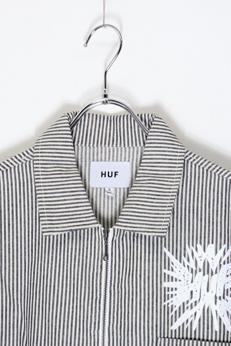 L/S STRIPE ZIP SHIRT JACKET / WHITE / GREY [SIZE: S DEADSTOCK/NOS]