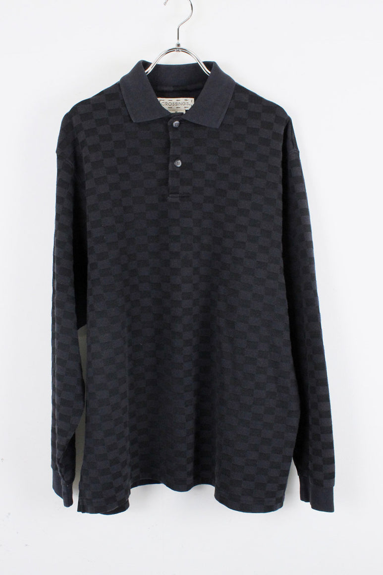 90'S L/S CHECK POLO SHIRT / BLACK CHECK [SIZE: M USED]