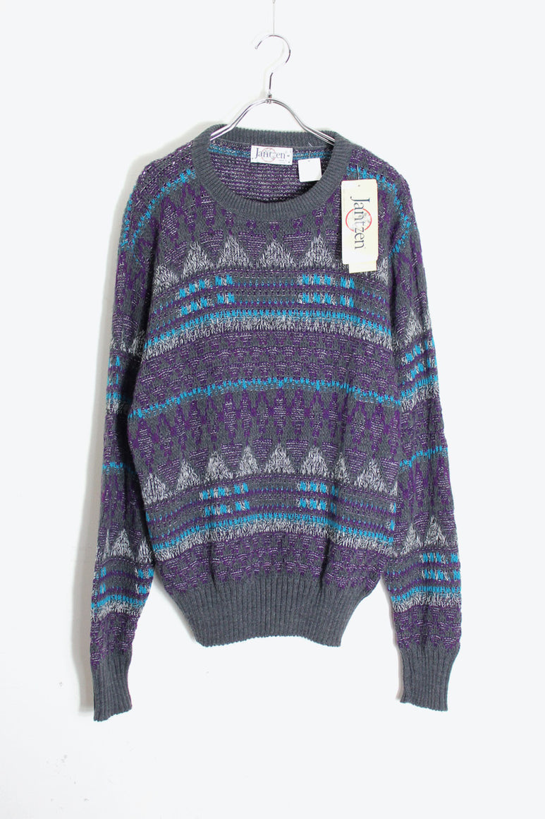 MADE IN USA 90'S MULTI PATTERN MELANGE KNIT SWEATER / PURPLE/CHARCOAL/LT.BLUE [SIZE: M DEADSTOCK/NOS]