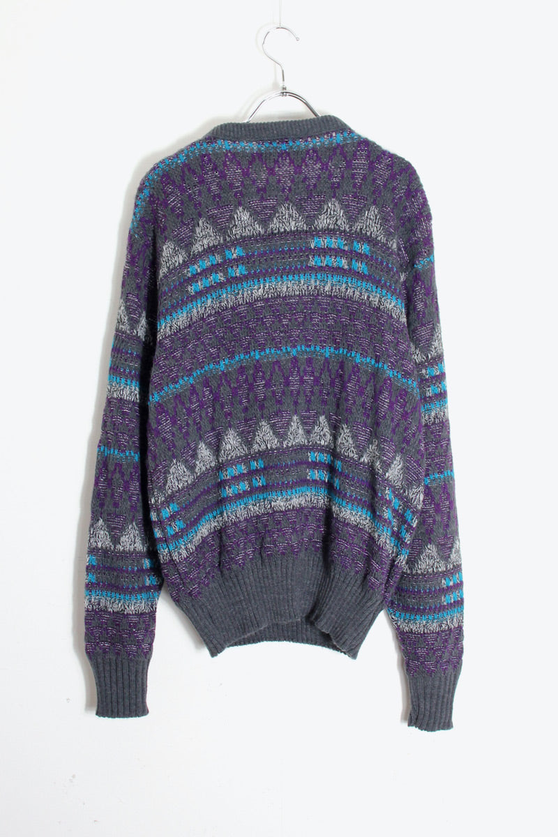 MADE IN USA 90'S MULTI PATTERN MELANGE KNIT SWEATER / PURPLE/CHARCOAL/LT.BLUE [SIZE: M DEADSTOCK/NOS]